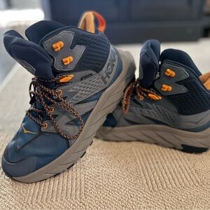 Hoka Navy and Charcoal hiking boots with Orange Accents (new without tags)